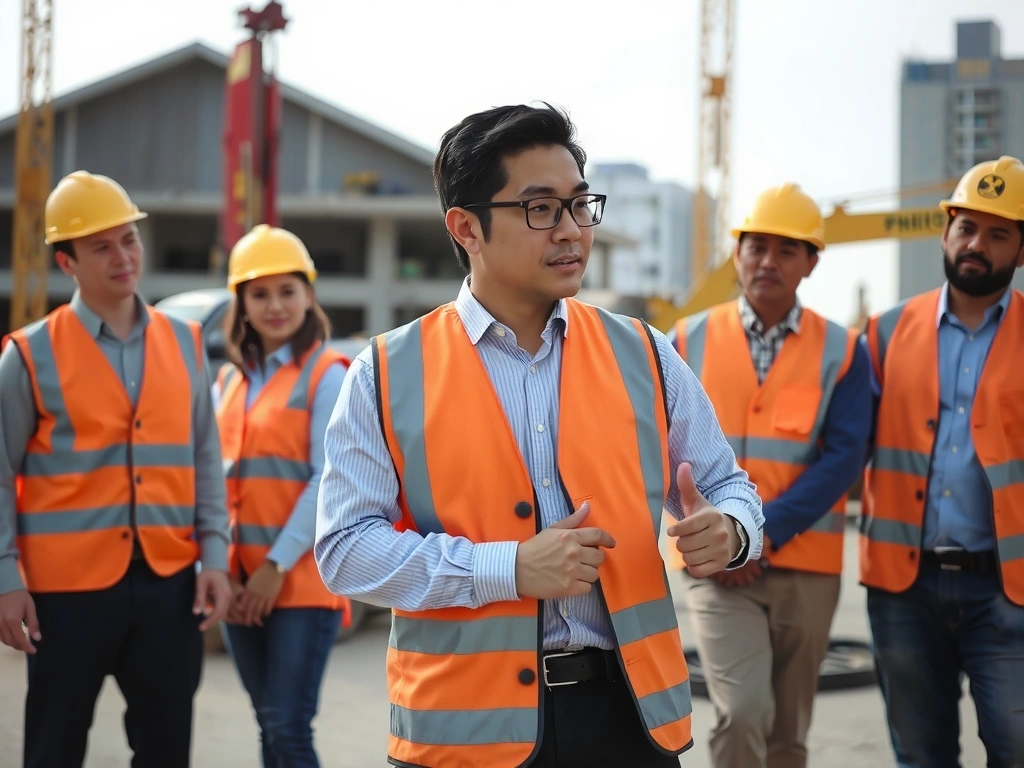 Experienced project manager in safety vest coordinating construction team