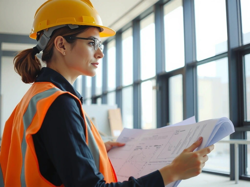 Female architect in hard hat reviewing blueprints at construction site