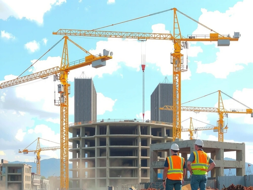Modern construction site with cranes and workers building in Davao City Philippines