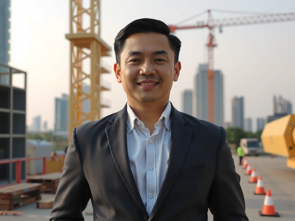 Professional construction manager portrait wearing business attire at construction site