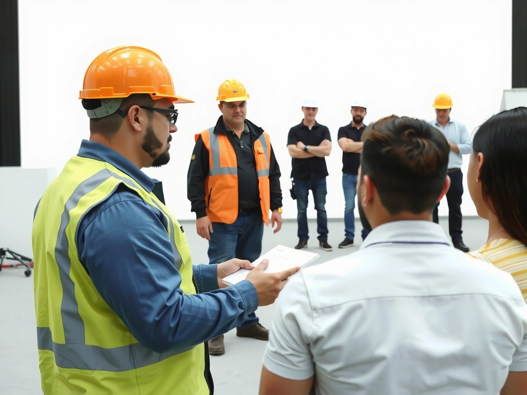 Safety officer conducting safety training for construction workers